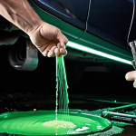 **Prompt:** A mechanic pointing to a coolant leak under a car's engine. The car is raised on a lift, and the mechanic is using a flashlight to inspect a green puddle. Focus on the diagnostic scene with tools and close-up details of the leaking area.