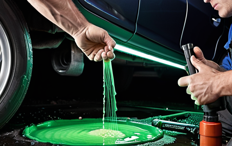 **Prompt:** A mechanic pointing to a coolant leak under a car's engine. The car is raised on a lift, and the mechanic is using a flashlight to inspect a green puddle. Focus on the diagnostic scene with tools and close-up details of the leaking area.