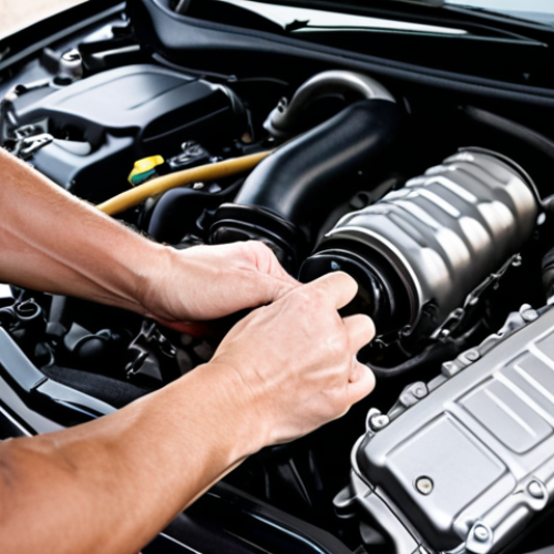 **Prompt:** Close-up shot of hands carefully changing engine oil in a car engine. Focus on the details of the engine parts and the act of servicing. The image should convey a sense of care and connection.
