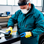 A professional male EV mechanic, fully clothed in a modest, insulated work suit, carefully examining a high-voltage battery pack of an electric vehicle in a clean, brightly lit workshop. He wears insulated gloves and a face shield, emphasizing safety protocols. Specialized, non-conductive tools are neatly arranged on a workbench beside him. The background features a modern EV lift and an integrated charging station. The image conveys focus, precision, and adherence to safety. safe for work, appropriate content, fully clothed, professional, modest, family-friendly, perfect anatomy, correct proportions, natural pose, well-formed hands, proper finger count, natural body proportions, professional photography, high quality.