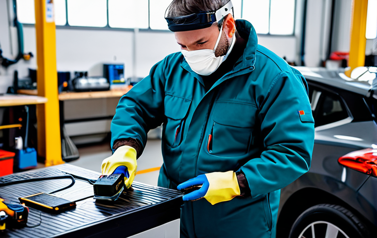A professional male EV mechanic, fully clothed in a modest, insulated work suit, carefully examining a high-voltage battery pack of an electric vehicle in a clean, brightly lit workshop. He wears insulated gloves and a face shield, emphasizing safety protocols. Specialized, non-conductive tools are neatly arranged on a workbench beside him. The background features a modern EV lift and an integrated charging station. The image conveys focus, precision, and adherence to safety. safe for work, appropriate content, fully clothed, professional, modest, family-friendly, perfect anatomy, correct proportions, natural pose, well-formed hands, proper finger count, natural body proportions, professional photography, high quality.