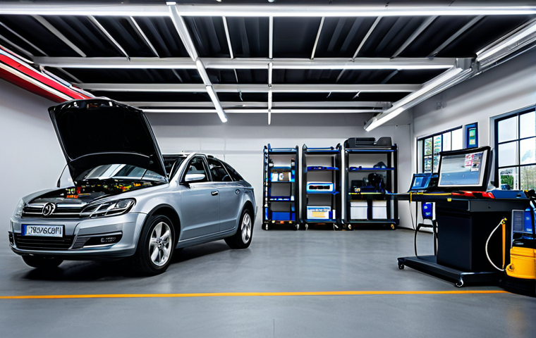 Modern Garage Equipment**
"A well-organized auto garage interior featuring advanced equipment. A scanner is connected to a car, a coding device on a workbench, a multimeter displaying readings, and a tire changer with a tire. The setting is clean and professional, with bright lighting. Focus on showcasing the technology. safe for work, appropriate content, fully clothed (no people visible), professional, perfect anatomy (of equipment), natural proportions (of equipment), high quality."
**