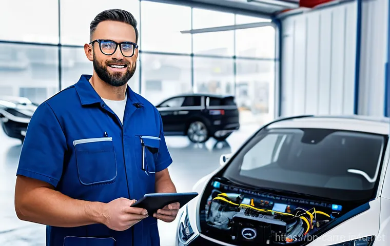 자동차정비기사 실기 시험 준비법 - **Modern Mechanic and EV Diagnostics**
    A highly detailed, realistic image of a professional car ...