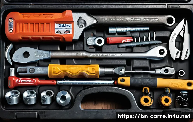자동차정비기사 실기시험 도구 준비물 - A detailed close-up of a high-quality car mechanic's toolset laid out neatly on a wooden workbench, ...