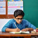 자동차정비기사 자격증 공부 방법 - A detailed study room scene featuring a young Bengali student sitting at a wooden desk with neatly a...