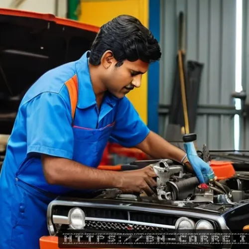 자동차정비기사와 자동차공학기사 비교 - A detailed workshop scene featuring a skilled Bangladeshi mechanic in casual workwear, carefully dis...