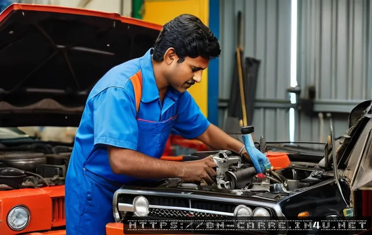 자동차정비기사와 자동차공학기사 비교 - A detailed workshop scene featuring a skilled Bangladeshi mechanic in casual workwear, carefully dis...