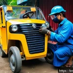 자동차정비 실무와 전동공구 활용 - A detailed workshop scene showing a Bengali mechanic wearing protective gear including gloves, safet...