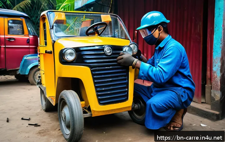 자동차정비 실무와 전동공구 활용 - A detailed workshop scene showing a Bengali mechanic wearing protective gear including gloves, safet...
