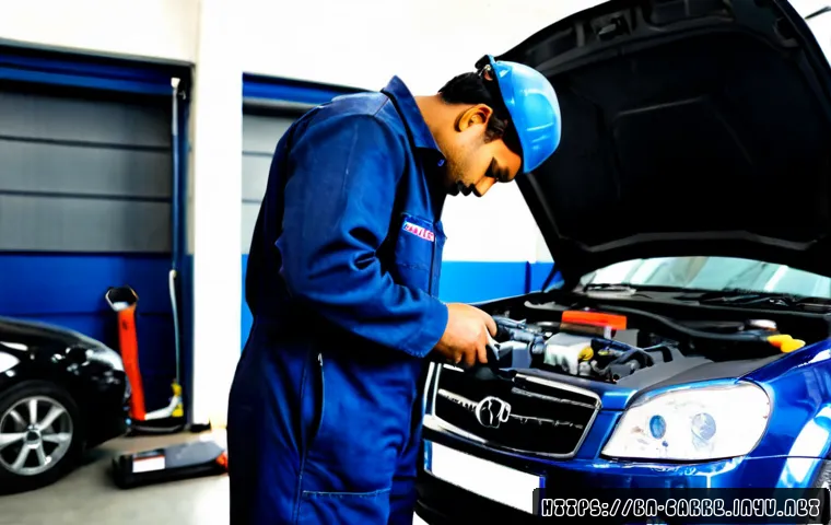 자동차정비 기술 향상을 위한 자격증 추천 - Photorealistic automotive workshop scene, a skilled Bengali male mechanic in clean navy coveralls ca...